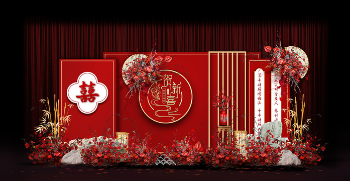 紅色中式婚禮手繪效果圖