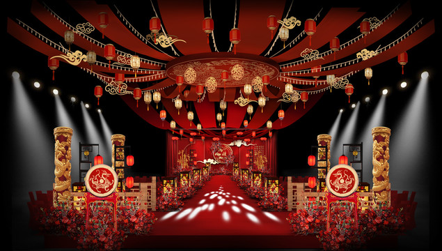 中式红色仪式区婚礼手绘效果图