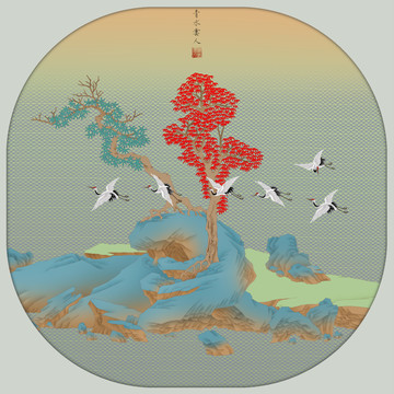 仿古青綠山水扇面