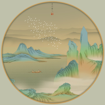 古風青綠山水圓形鏡心