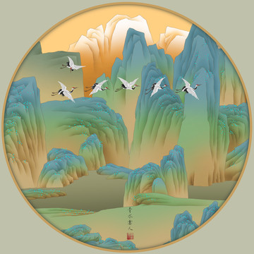 青綠山水仿古山水圓形鏡心