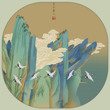 青綠山水扇面