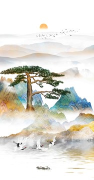 抽象迎客松山水畫