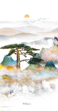 迎客松仙鶴山水畫掛畫