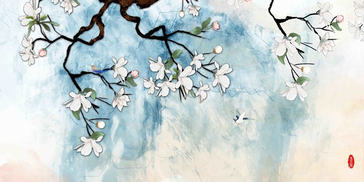 彩色玉蘭花花鳥(niǎo)裝飾畫(huà)