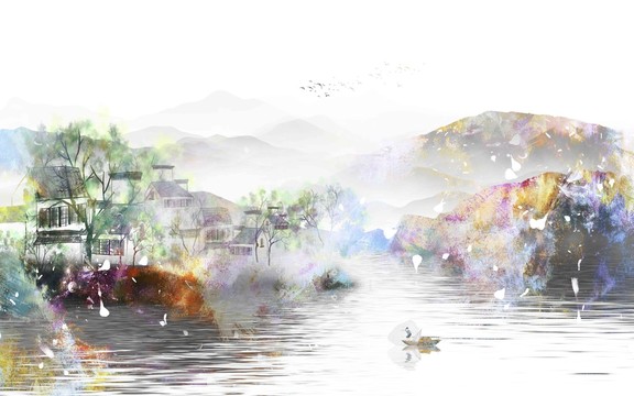 水彩泼墨山水画