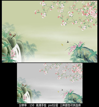 中式海棠花鸟背景墙