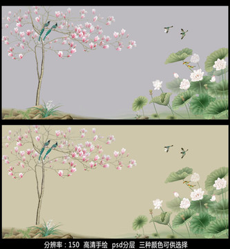 玉蘭花鳥壁畫背景墻