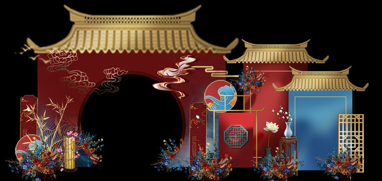 紅藍(lán)撞色拱門婚禮效果圖