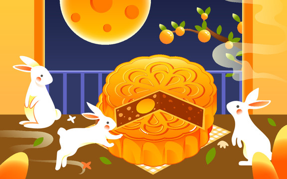 中秋節(jié)玉兔賞月吃月餅節(jié)日插畫(huà)