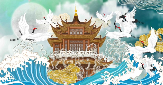 仙鶴祥云塔樓新中式