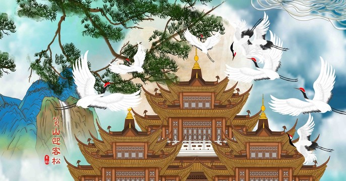 閣樓仙鶴迎客松山水插畫