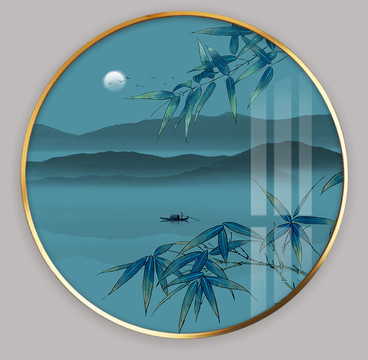 现代意境中式山水圆框装饰画