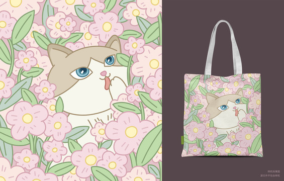 手繪花與貓卡通插畫