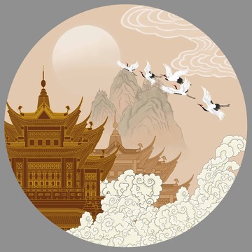 樓閣仙鶴壁畫掛畫