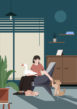 扁平人物動(dòng)物互動(dòng)玩耍插畫