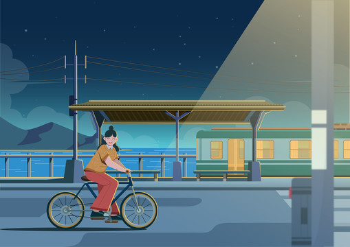 扁平戶外騎行騎車黑夜插畫