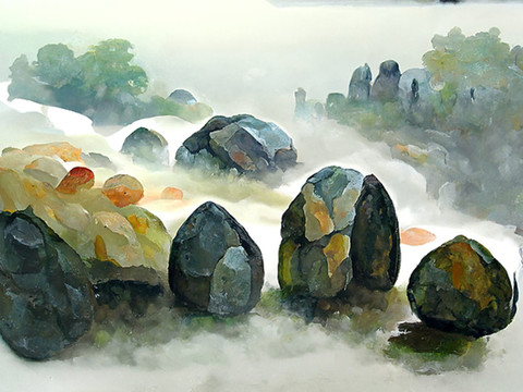 中国风月饼盒灰绿色风景画