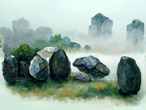 抽象彩色石头风景插画雾气