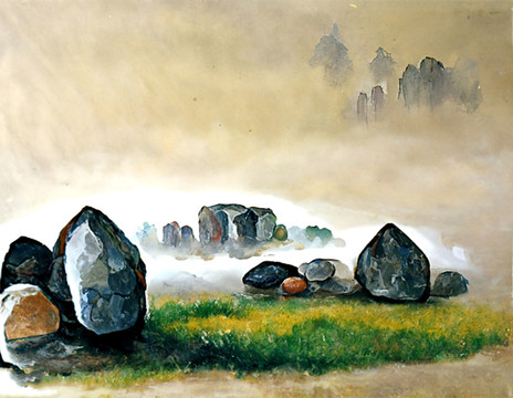 彩色的石头布阵自然风景油画