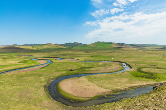 草原河流牧场蒙古包马群