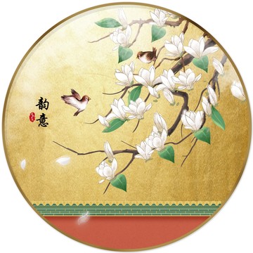 新中式寫(xiě)意花鳥(niǎo)手繪圓形裝飾畫(huà)
