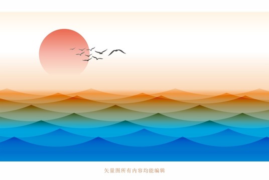 中式山水海上日出裝飾畫壁紙