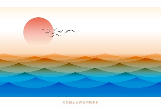 中式山水海上日出装饰画壁纸