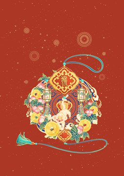 十二生肖春節(jié)插畫猴年送福