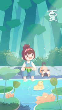 夏天女孩荷花池邊吃西瓜插畫