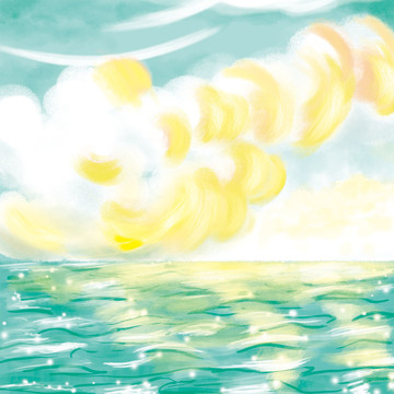 手繪天空大海裝飾畫插畫