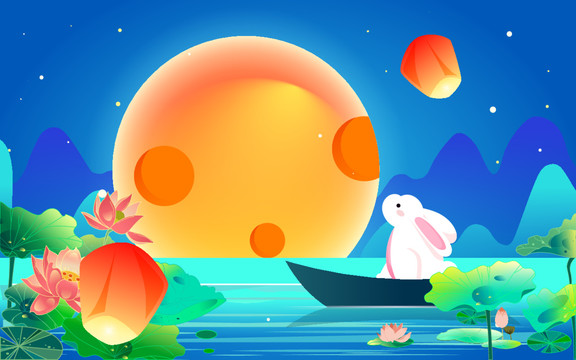 中秋節(jié)玉兔賞月吃月餅節(jié)日插畫