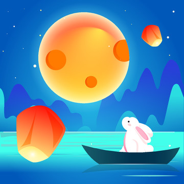 中秋節(jié)玉兔賞月吃月餅節(jié)日插畫