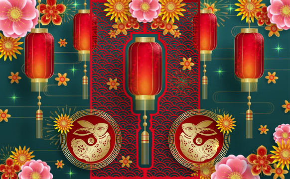2023兔年剪紙 花朵新春屏風(fēng)賀圖
