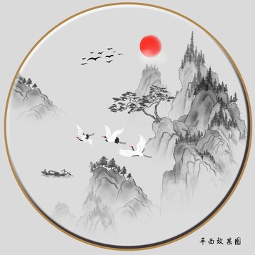圓形古風(fēng)山水畫