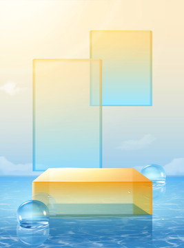 夏日清爽浅水池玻璃展台 浮空渐层玻璃背景