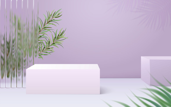 淡紫色三维方形展台与U型玻璃背景