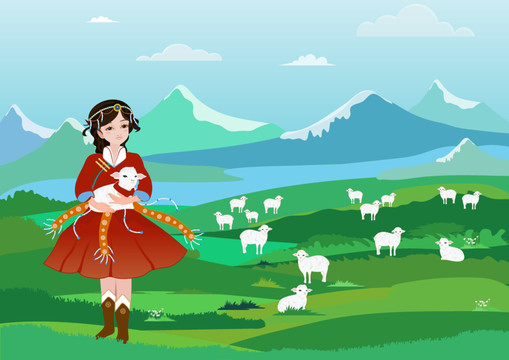 草原牧場(chǎng)牧羊女孩羊群