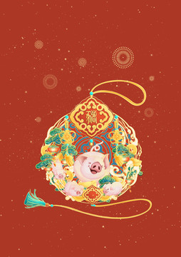 十二生肖春节插画猪年大吉