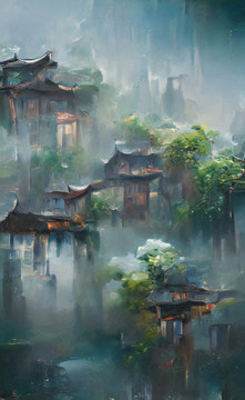 烟雨江南油画