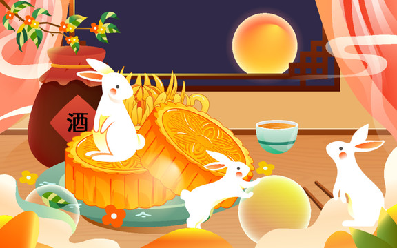 八月十五中秋節(jié)吃月餅傳統(tǒng)插畫