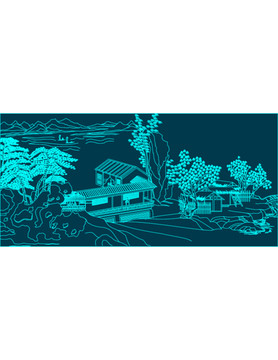山水白描裝飾畫
