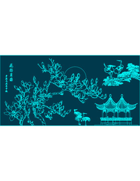月下玉蘭雙亭圖