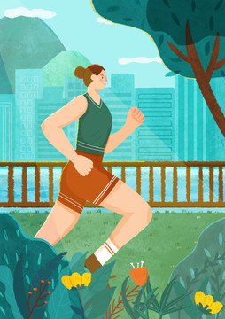 女孩戶外跑步運動扁平肌理插畫
