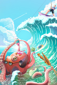 夏天沖浪遇見大章魚