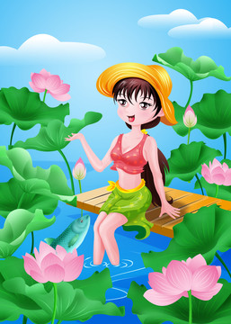 夏日荷塘美女插畫