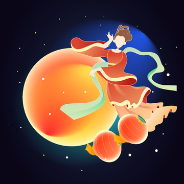 中秋節(jié)玉兔賞月吃月餅國(guó)潮插畫(huà)