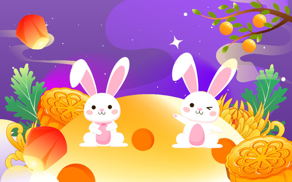 中秋節(jié)玉兔賞月吃月餅國潮插畫