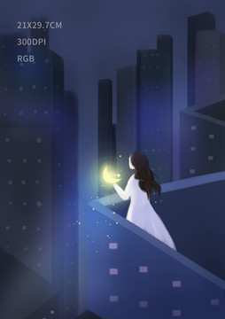 手繪手捧月亮的少女