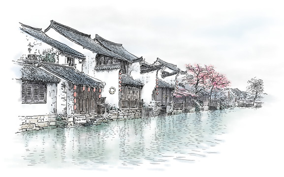 鋼筆手繪浙江西塘古鎮(zhèn)